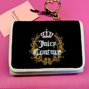 NWT Juicy Couture Black Quilted Trifold Wallet Double Sided Logo Zip Coin Pocket